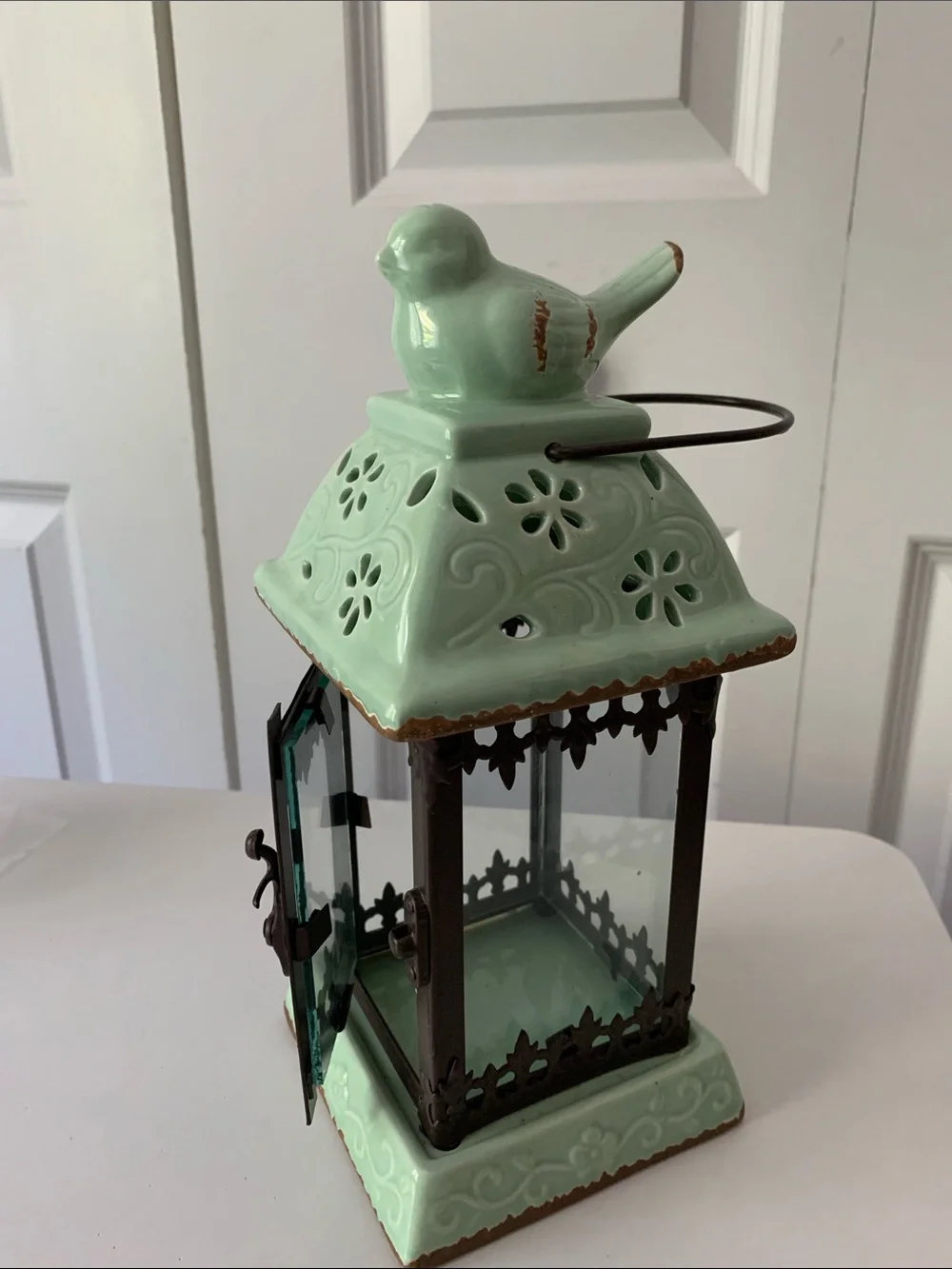 Mint Green Ceramic Bird Lantern - Decorative Home Accent